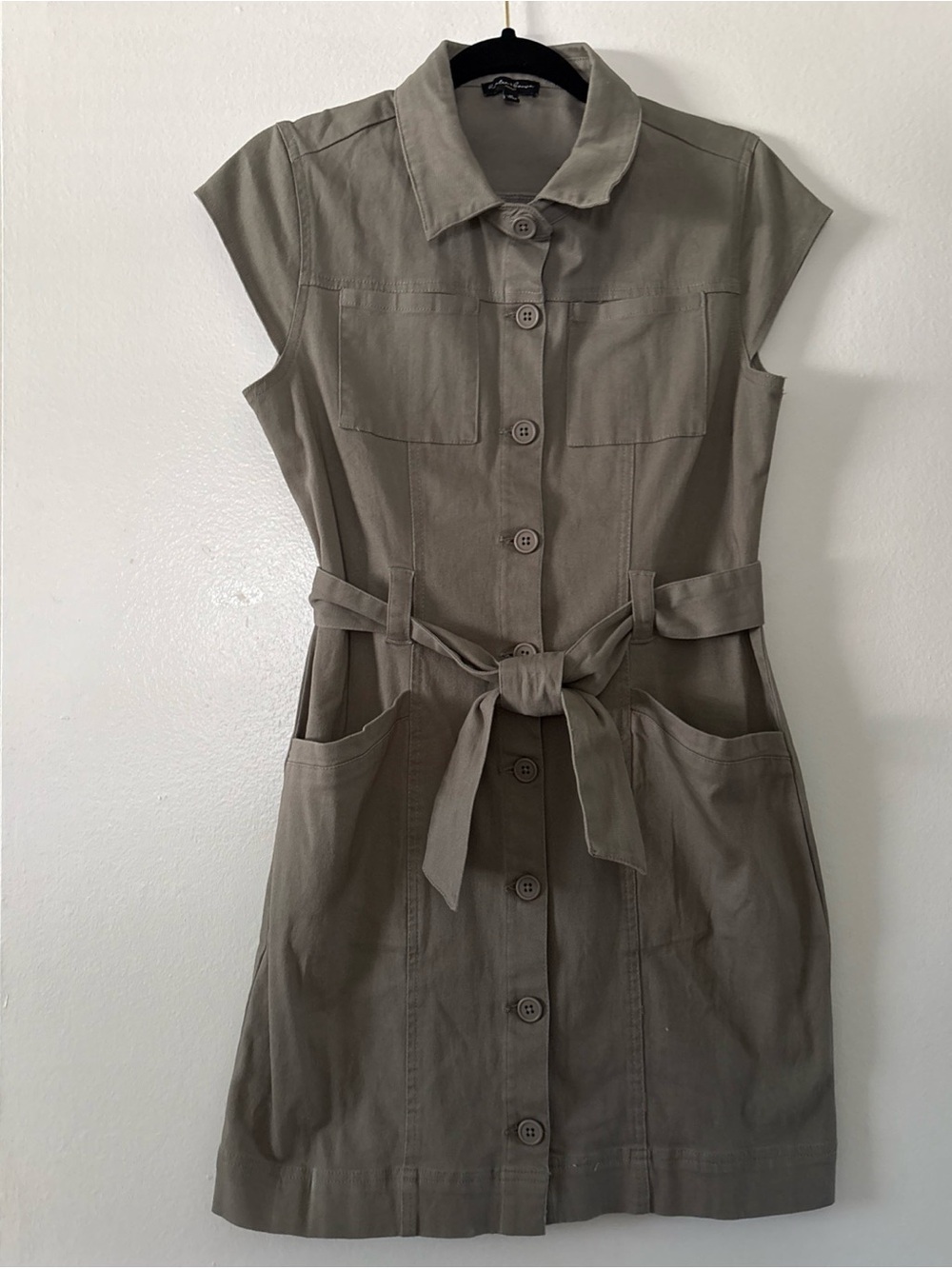 Sleeveless Button-Front Utility Mini Dress with Tie Belt - green